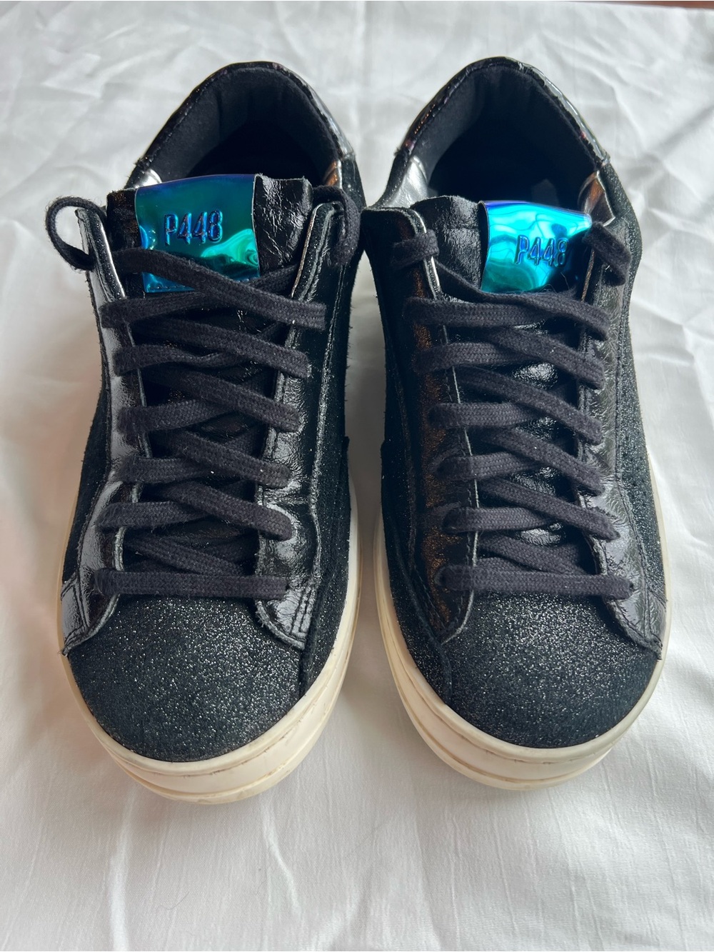 P448 Black Glitter Sneakers with Blue Iridescent Tongue size EU 36 or US 6